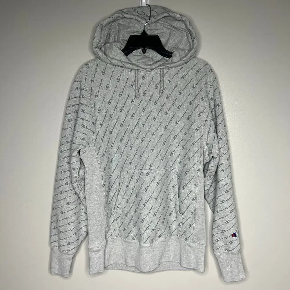 Champion Men's Reverse Weave‎ Pullover Hoodie All Over Print Size Medium Gray